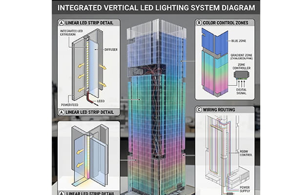 Diagram showing vertical lighting on a skyscraper model